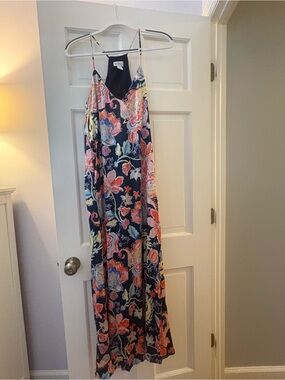 Nicole Miller Navy Floral Maxi Dress with Pink and Coral Blooms